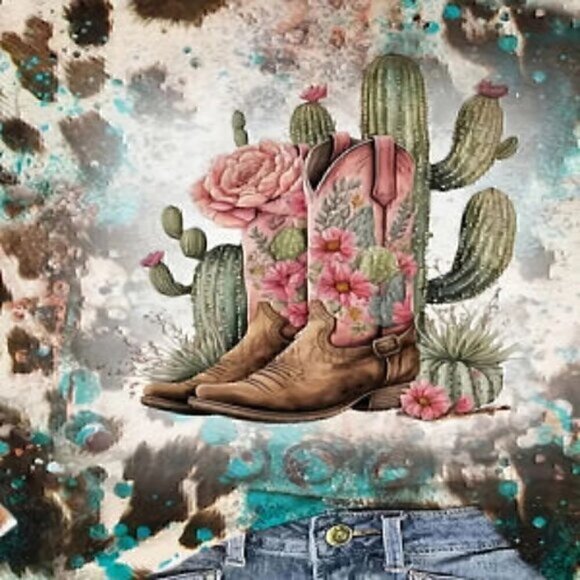 Boots & Cactus Print Crew Neck T-Shirt, Casual Short Sleeve Top XXL - Picture 3 of 3